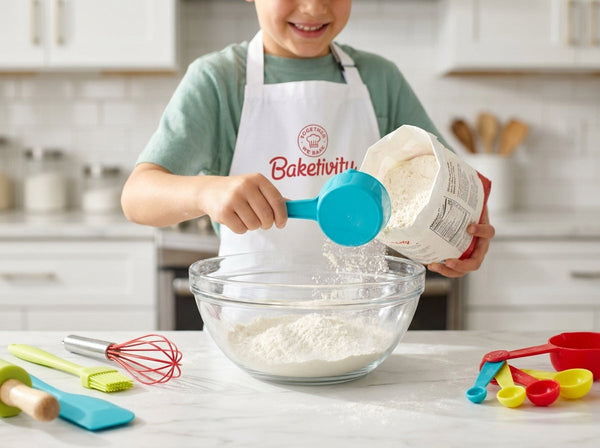 A young child wearing a Baketivity apron measures flour in a bright kitchen, practicing math during a fun summer STEM baking activity.