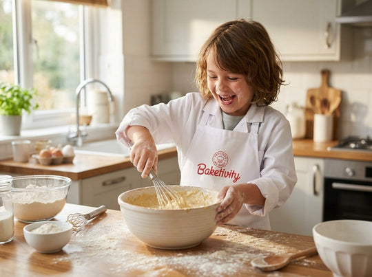 A young child wearing a lab coat and baking apron having fun mixing batter to learn kitchen science.
