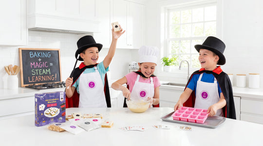 Children dressed as magicians baking Abracadabra Blondies in a kitchen, showing how magic tricks and baking combine to teach STEAM concepts.