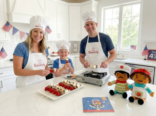 American Family celebrating 4th of July by making s'mores skewers