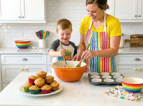 Child mixing batter for easy lunchbox muffins meal prep