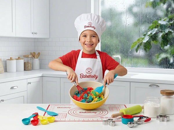 A smiling child wearing an apron mixes colorful sugar cookie dough during a fun, screen-free rainy day baking activity.
