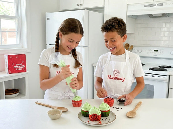 Kids baking and decorating watermelon cupcakes 