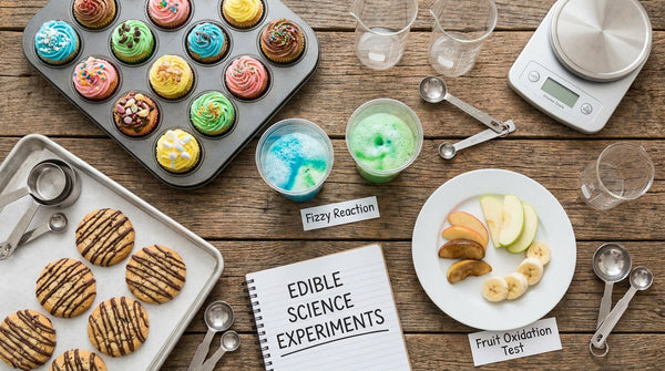 Flat lay of edible kitchen science experiments for kids including colorful frosting, chocolate drizzle, fizzy reaction cups, cookies, fruit oxidation test, and measuring tools for hands-on STEM learning