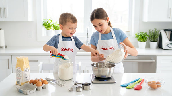 Two kids in Baketivity aprons measuring baking ingredients on a kitchen scale.