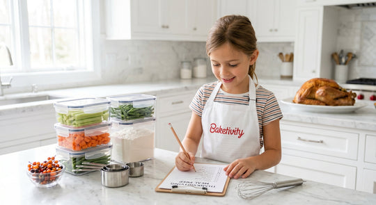 Child reviewing a Thanksgiving meal prep checklist next to clear storage containers and measuring cups on a kitchen counter.