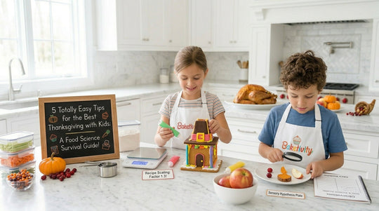 Two children in Baketivity aprons doing Thanksgiving food science activities with a magnifying glass and kitchen scale.