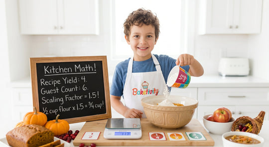 Child pouring flour during a Thanksgiving baking project, using fraction cards and a chalkboard for kitchen math.