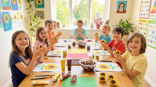 Kids in Van Gogh 's art class enjoying sunflower chocolate treats