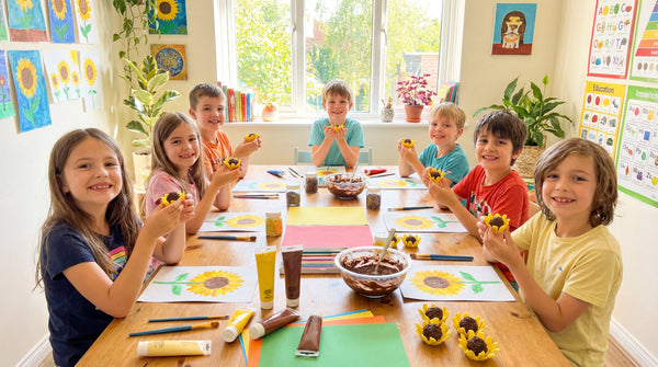 Kids in Van Gogh 's art class enjoying sunflower chocolate treats