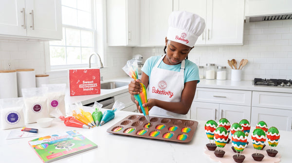 A child making hot air balloon madeleines in the kitchen.