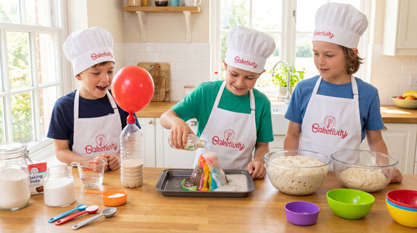 Brightly lit home kitchen with kids conducting baking science experiments including a yeast balloon, baking soda volcano, and rising bread dough.