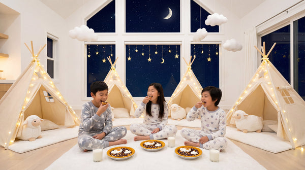 Kids in pajamas making no-bake chocolate mousse Counting Sheep pies with graham cracker crusts during a cozy STEAM pajama party