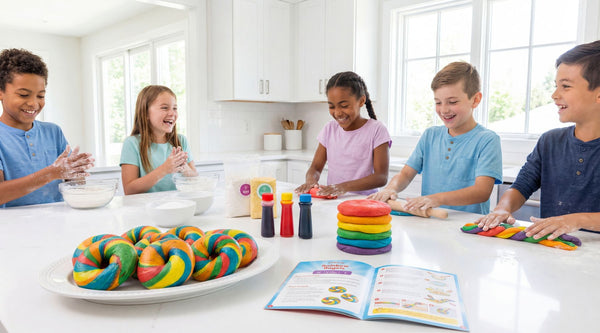 Colorful rainbow bagel STEM activity sheet illustrating science, math, and creative learning for homeschool kids.