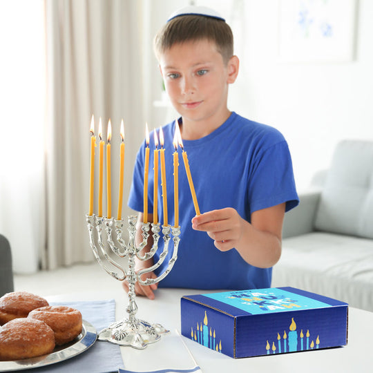 Jewish,Boy,Lightning,Menorah,At,Home