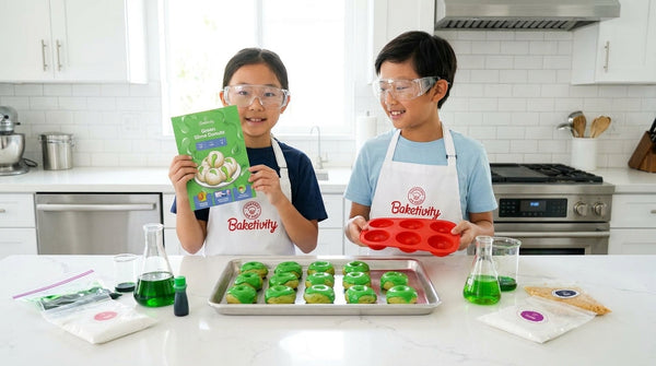 Two kids making green slime donuts