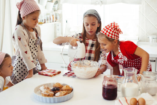 Group,Of,Children,Cooking,In,The,White,Kitchen.,Kids,Wearing