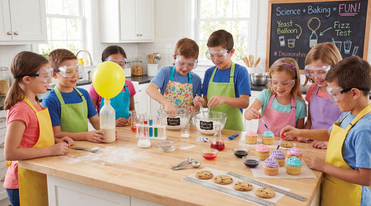 Kids having fun baking together while exploring simple STEM science experiments in a bright kitchen