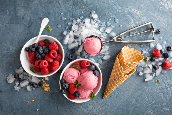 Raspberry,Ice,Cream,In,White,Bowl,Overhead,Shot