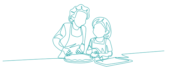 Outline of a person and child in aprons preparing food together at a table.